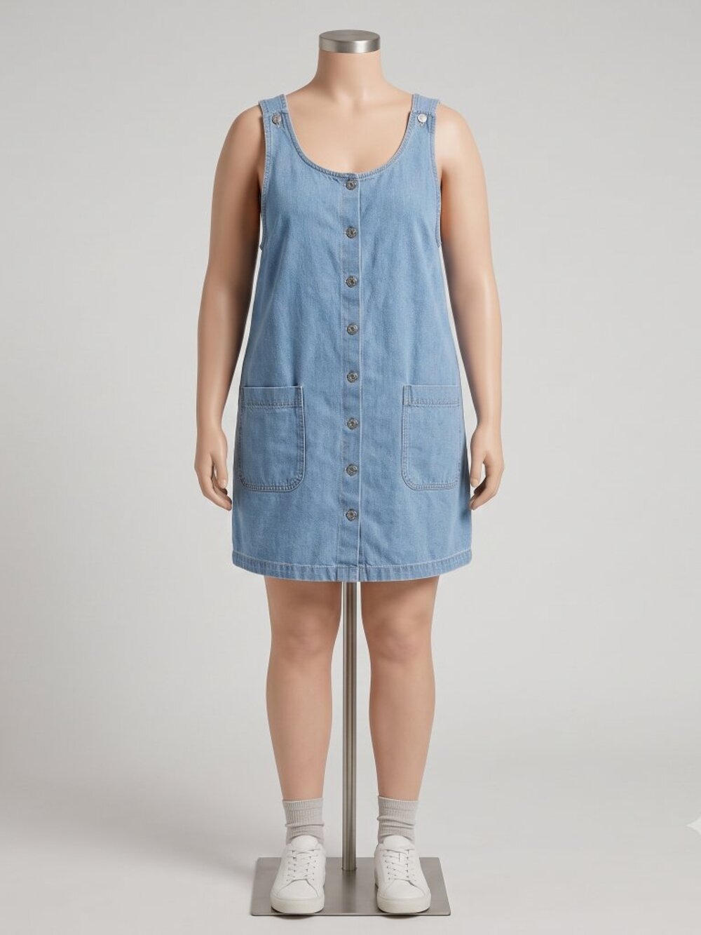Vintage True Blue Denim Button-Down Sleeveless Dress jeans pockets 100% cotton